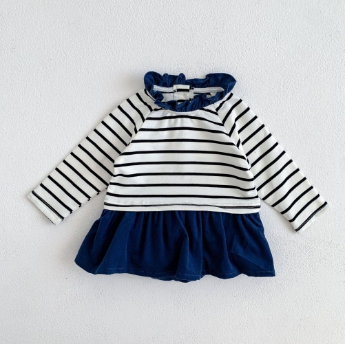 Spring Infant Baby Girls Casual Striped Pattern Long Sleeves Dress Wholesale