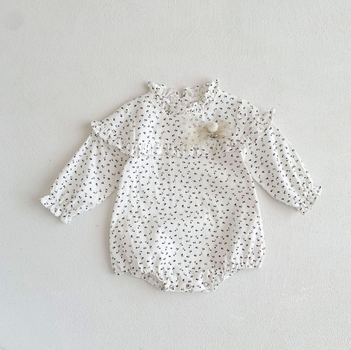 Spring Infant Baby Girls Cute Ruffle Neck Floral Pattern Long Sleeves Onesies Wholesale