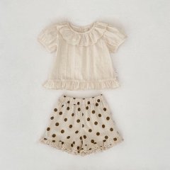 Summer Infant Baby Embroidered Pattern Short Sleeves Top and Polka Dots Shorts Set Wholesale