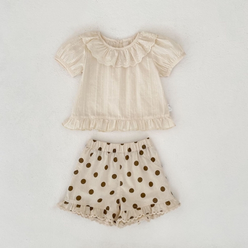 Summer Infant Baby Embroidered Pattern Short Sleeves Top and Polka Dots Shorts Set Wholesale