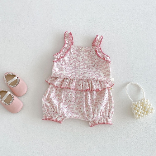 Summer Infant Baby Girls Floral Pattern Sleeveless Vest and Shorts Set Wholesale