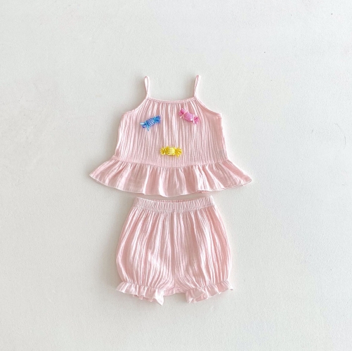 Summer Infant Baby Girls Candy Pattern Sleeveless Vest and Plain Shorts Set Wholesale