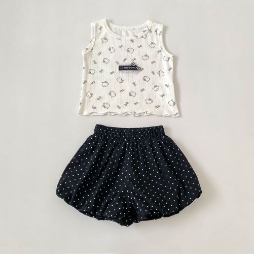 Summer Infant Baby Girls Cartoon Pattern Sleeveless Vest and Dots Pattern Shorts Set Wholesale