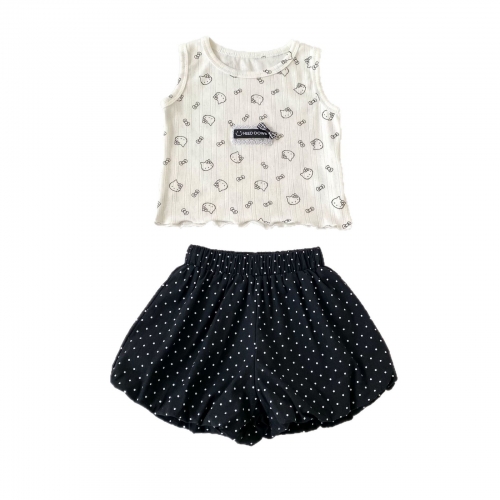 Summer Infant Baby Girls Cartoon Pattern Sleeveless Vest and Dots Pattern Shorts Set Wholesale
