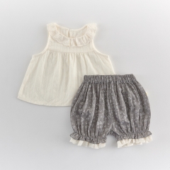 Summer Infant Baby Girls Striped Pattern Sleeveless Vest and Floral Shorts Set Wholesale