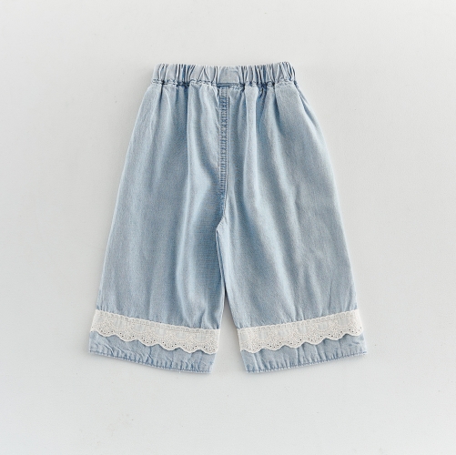 Infant Baby Kids Girls One Piece Lace Decorated Denim Pants in Summer Wholesale