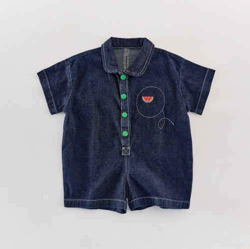Summer Infant Baby Fruits Pattern Short Sleeves One Piece Denim Rompers Wholesale