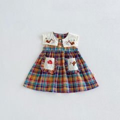 Summer Infant Baby Girls Cute Plaid and Embroidery Pattern Sleeveless One Piece Dress Wholesale