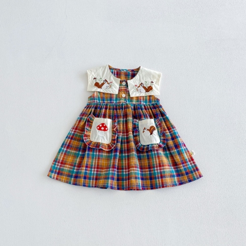 Summer Infant Baby Girls Cute Plaid and Embroidery Pattern Sleeveless One Piece Dress Wholesale
