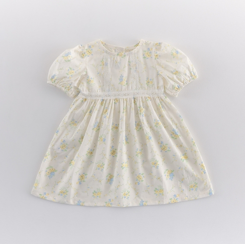 Summer Infant Baby Girls Colorful Flowers Pattern Short Sleeves One Piece Dress Wholesale