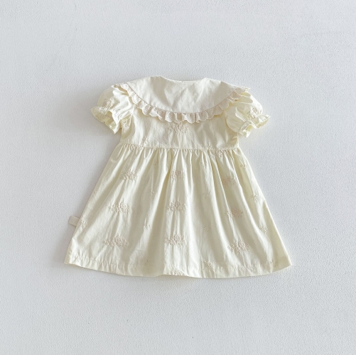 Summer Infant Baby Girls Solid Color Flowers Pattern Short Sleeves One Piece Dress Wholesale
