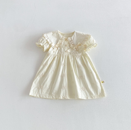 Summer Infant Baby Girls Solid Color Flowers Pattern Short Sleeves One Piece Dress Wholesale