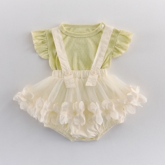 Summer Infant Baby Hollow-out Pattern Fly Sleeves Top and Ruffle Overalls Set Wholesale
