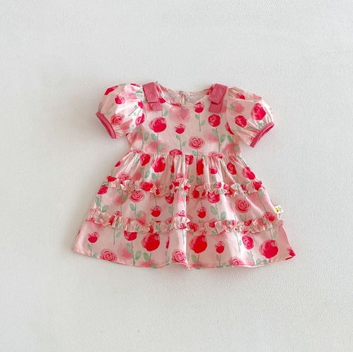 Summer Infant Baby Girls Cute Flowers Pattern Short Sleeves Dress Wholesale