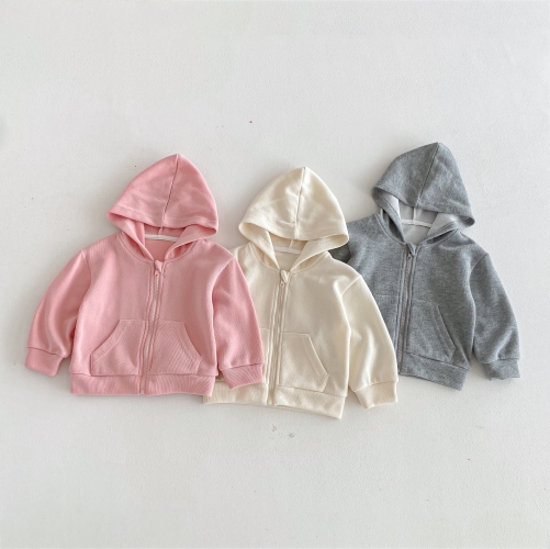 Autumn Infant Baby Kids Long Sleeves Solid Color Hooded Zip-up Coat and Pants Sporty Sets Wholesale