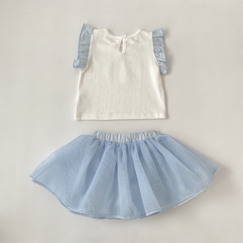 Summer Infant Baby Girls Cartoon Pattern Fly Sleeves Vest and Tulle Skirt Set Wholesale