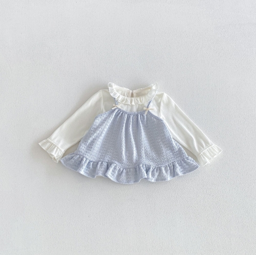 Autumn Infant Baby Kids Girls Long Sleeves Solid Color Knitted Top and Blue Vest Cute Clothing Sets Wholesale