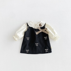 Autumn Infant Baby Kids Girls Long Sleeves Teddy Pattern Collar Top and Embroidered Dress Clothing Sets Wholesale