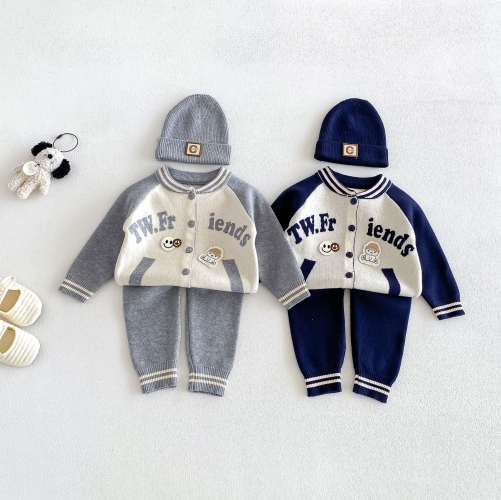 Autumn Infant Baby Kids Boys Long Sleeves Letters Pattern Cardigan, Pants with Hat Knitted Clothing Sets Wholesale