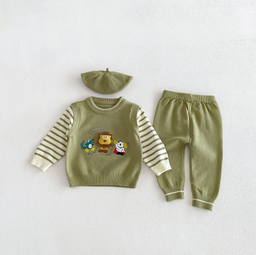 Autumn Infant Baby Kids Boys Long Sleeves Striped Sweater, Pants with Hat Knitted Clothing Sets Wholesale