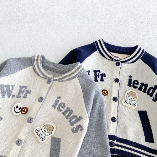 Autumn Infant Baby Kids Boys Long Sleeves Letters Pattern Cardigan, Pants with Hat Knitted Clothing Sets Wholesale