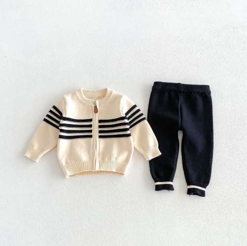 Autumn Infant Baby Kids Long Sleeves Striped Zip-up Coat and Simple Pants Knitted Clothing Sets Wholesale