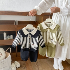 Autumn Infant Baby Kids Long Sleeves Striped Preppy Cardigan and Solid Color Pants Knitted Clothing Sets Wholesale