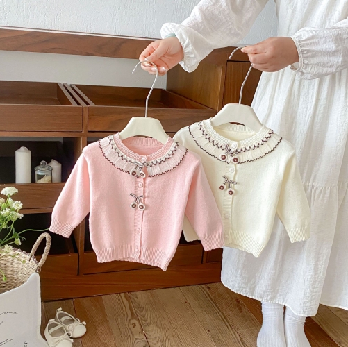 New Arrival Spring and Autumn Infant Baby Kids Girls Butterfly-bows Pattern Long Sleeves Lace Trim Knitted Cardigan Wholesale