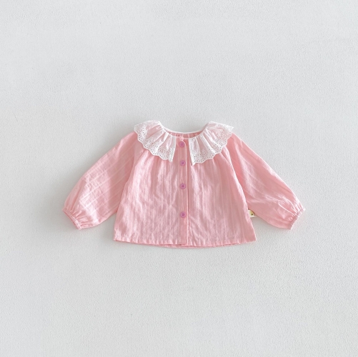 New Arrival Spring and Autumn Infant Baby Kids Girls Striped Pattern Hollow-out Collar Long Sleeves Top Wholesale