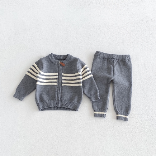 Autumn Infant Baby Kids Long Sleeves Striped Zip-up Coat and Simple Pants Knitted Clothing Sets Wholesale
