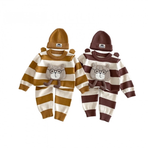 Autumn Infant Baby Kids Long Sleeves Cartoon Teddy Bear Pullover, Striped Pants with Hat Clothing Sets Wholesale Autumn Infant Baby Kids Long Sleeves Cartoon Teddy Bear Pullover, Striped Pants with Hat Clothing Sets Wholesale