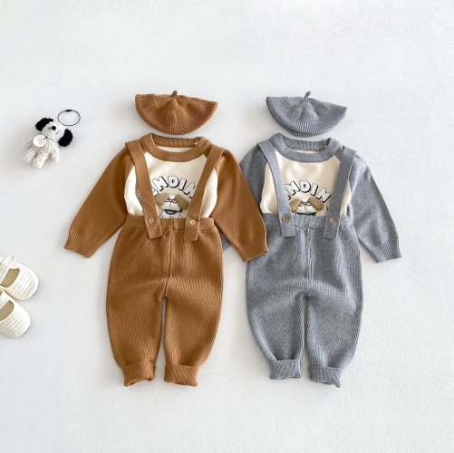 Autumn Infant Baby Kids Long Sleeves Cartoon Preppy Pullover, Plain Overalls with Hat Clothing Sets Wholesale Autumn Infant Baby Kids Long Sleeves Cartoon Preppy Pullover, Plain Overalls with Hat Clothing Sets Wholesale