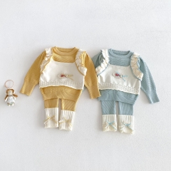 Autumn Infant Baby Kids Girls Long Sleeves Color Patchwork Sweater and Pants Cute Knitted Clothing Sets Wholesale