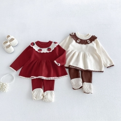 Autumn Infant Baby Kids Girls Long Sleeves Color Patchwork Sweater and Pants Cute Knitted Clothing Sets Wholesale