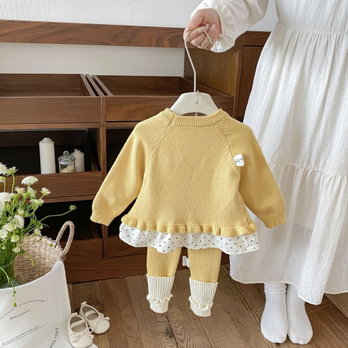 Autumn Infant Baby Kids Girls Long Sleeves Color Patchwork Sweater and Pants Cute Knitted Clothing Sets Wholesale