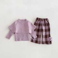 Autumn Infant Baby Kids Girls Long Sleeves Solid Color Top, Vest with Plaid Pants Casual Clothing Sets Wholesale