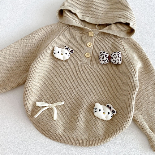 Autumn Infant Baby Kids Girls Long Sleeves Cartoon Pattern Hoodie and Color Patchwork Pants Cute Knitted Clothing Sets Wholesale