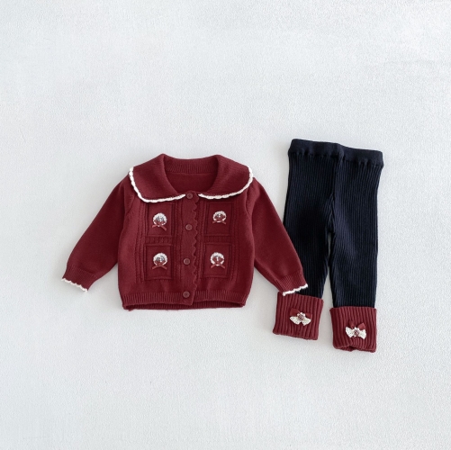 Autumn Infant Baby Kids Girls Long Sleeves Animals Cartoon Pattern Cardigan and Color Patchwork Pants Cute Knitted Clothing Sets Wholesale