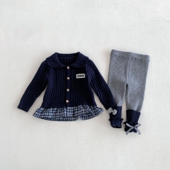 Autumn Infant Baby Kids Girls Long Sleeves Letters Pattern Cardigan and Color Patchwork Pants Cute Knitted Clothing Sets Wholesale