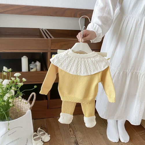 Autumn Infant Baby Kids Girls Long Sleeves Color Patchwork Sweater and Pants Cute Knitted Clothing Sets Wholesale