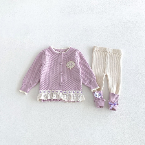 Autumn Infant Baby Kids Girls Long Sleeves Cartoon Pattern Cardigan and Color Patchwork Pants Cute Knitted Clothing Sets Wholesale