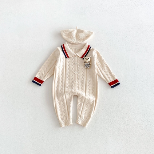 Autumn and Winter Infant Baby Unisex Preppy Teddy Bear Long Sleeve One Piece Knitted Rompers Wholesale