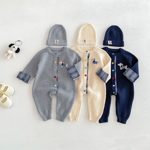 Autumn and Winter Infant Baby Unisex Cute Puppy Long Sleeve One Piece Knitted Rompers Wholesale
