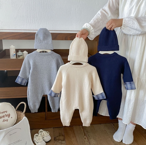 Autumn and Winter Infant Baby Unisex Cute Puppy Long Sleeve One Piece Knitted Rompers Wholesale