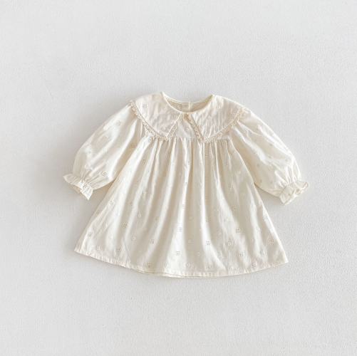Spring and Autumn Infant Baby Girls Solid Color Long Sleeves One Piece Hollow-out Pattern Dress Wholesale