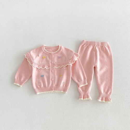 Autumn Infant Baby Kids Girls Long Sleeves Butterfly-bows Pattern Cardigan and Pants Cute Knitted Clothing Sets Wholesale