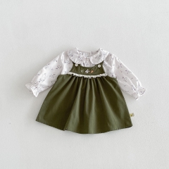 Autumn Infant Baby Kids Girls Long Sleeves Floral Shirt and Cartoon Dress Clothing Sets Wholesale