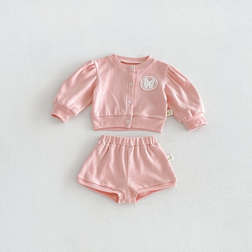 Autumn Infant Baby Kids Girls Long Sleeves Butterfly-bows Pattern Top and Plain Shorts Clothing Sets Wholesale
