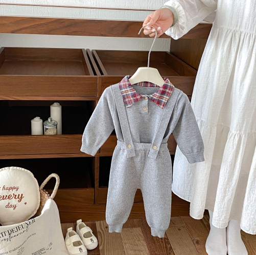Autumn Infant Baby Kids Long Sleeves Plaid Collar Top and Solid Color Overalls Clothing Sets Wholesale