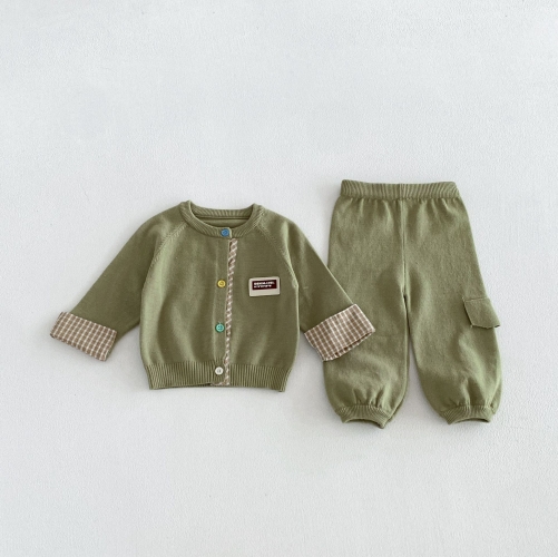 Autumn Infant Baby Kids Plaid Long Sleeves Single Breasted Cardigan and Solid Color Pants Clothing Sets Wholesale